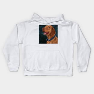 Painting of a Brown Coated Vizsla Smiling on a Green Blue Background Kids Hoodie